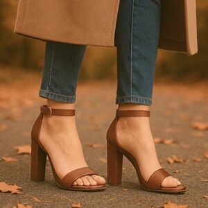 Gianni Bini Joenah Brown Leather 2 Piece Ankle Strap Triangle Block Heel - sz 10